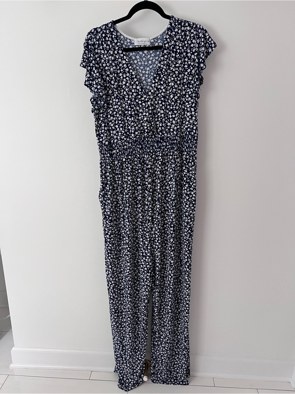 Maternity Navy Floral Jumpsuit with Ruffle Sleeves